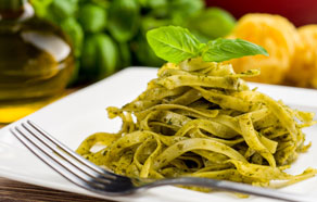 Tagliatelle with Zucchini Pesto, Almonds and Mint Leaves